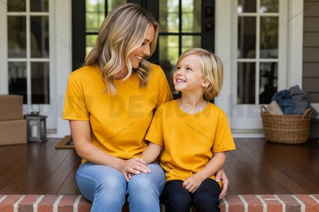Mother and son matching yellow t-shirt Mock Up Photo Regulrcrative 