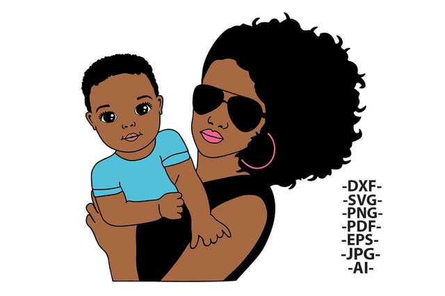Mother and Son SVG Black Mom with Sunglasses Holding Baby Boy PNG DXF PDF EPS JPG AI Cute Mother’s Day Clipart for Cricut and Sublimation SVG 1uniqueminute 