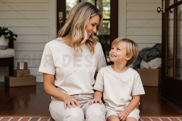 Mother and son wearing matching white t-shirts Mock Up Photo Regulrcrative 