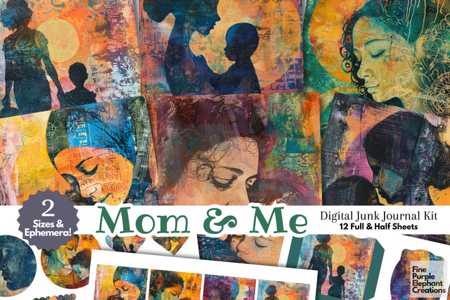 Mother with Child Digital Junk Journal Kit Half Page Digital Pattern Fine Purple Elephant Creations 