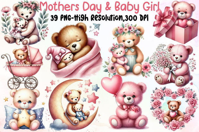 Mothers Day & Baby Girl Teddy Clipart Sublimation designartist 