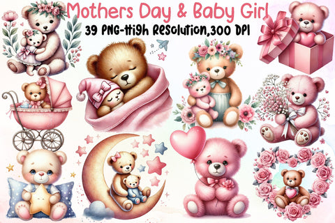 Mothers Day & Baby Girl Teddy Clipart Sublimation designartist 