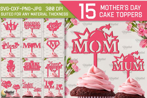 Mother's Day Cake Toppers SVG Bundle. Cupcake Toppers Laser Cut SVG Evgenyia Guschina 