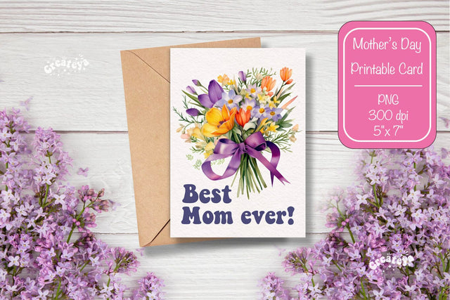 Mothers Day card Best Mom Printable Card Watercolor card Flower postcard PNG Sublimation Createya Design 