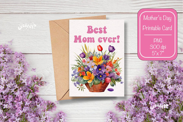 Mothers Day card Best Mom Printable Card Watercolor card Flower postcard PNG Sublimation Createya Design 