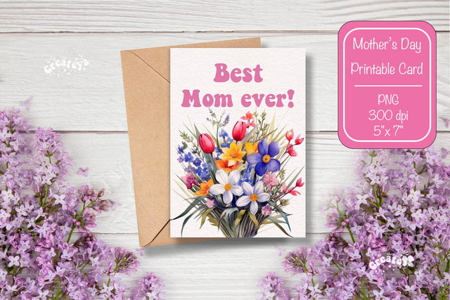 Mothers Day card Best Mom Printable Card Watercolor card Flower postcard PNG Sublimation Createya Design 