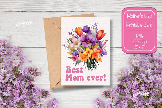 Mothers Day card Best Mom Printable Card Watercolor card Flower postcard PNG Sublimation Createya Design 