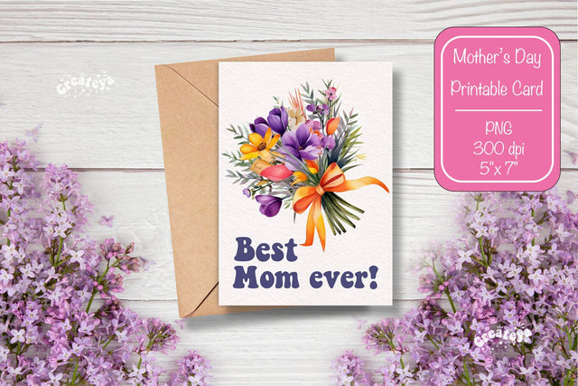 Mothers Day card Best Mom Printable Card Watercolor card Flower postcard PNG Sublimation Createya Design 