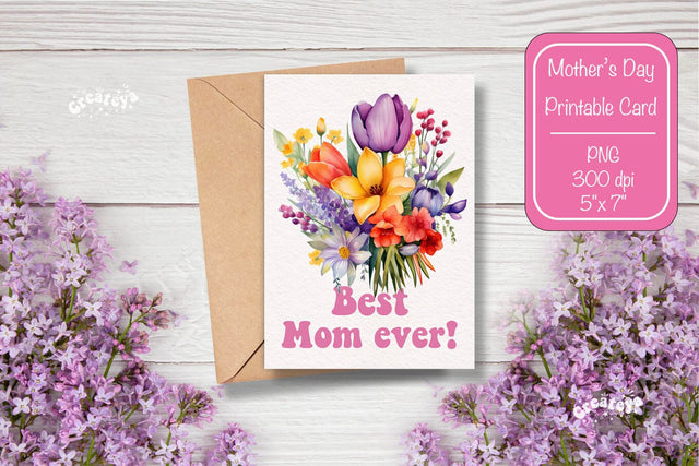 Mothers Day card Best Mom Printable Card Watercolor card Flower postcard PNG Sublimation Createya Design 