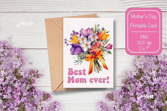 Mothers Day card Best Mom Printable Card Watercolor card Flower postcard PNG Sublimation Createya Design 