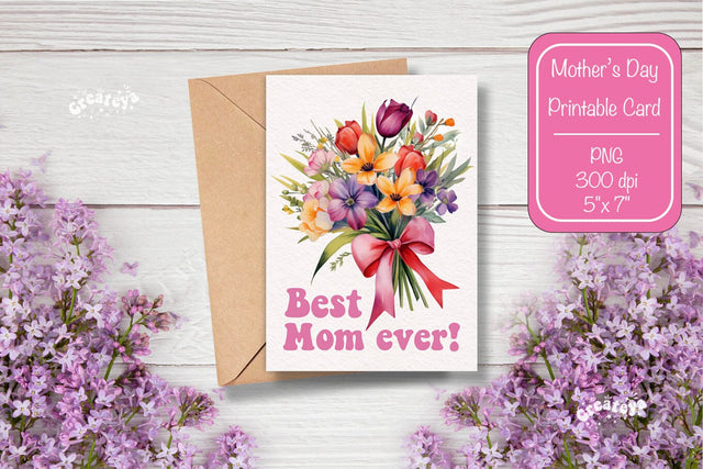 Mothers Day card Best Mom Printable Card Watercolor card Flower postcard PNG Sublimation Createya Design 
