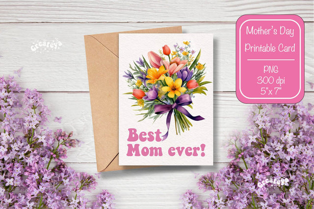Mothers Day card Best Mom Printable Card Watercolor card Flower postcard PNG Sublimation Createya Design 