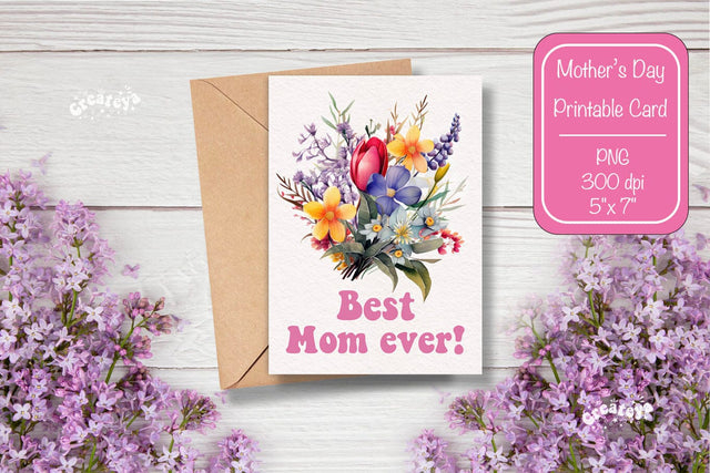Mothers Day card Best Mom Printable Card Watercolor card Flower postcard PNG Sublimation Createya Design 