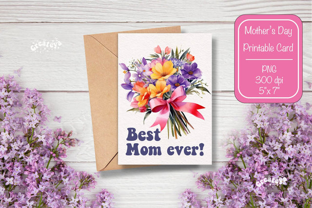 Mothers Day card Best Mom Printable Card Watercolor card Flower postcard PNG Sublimation Createya Design 