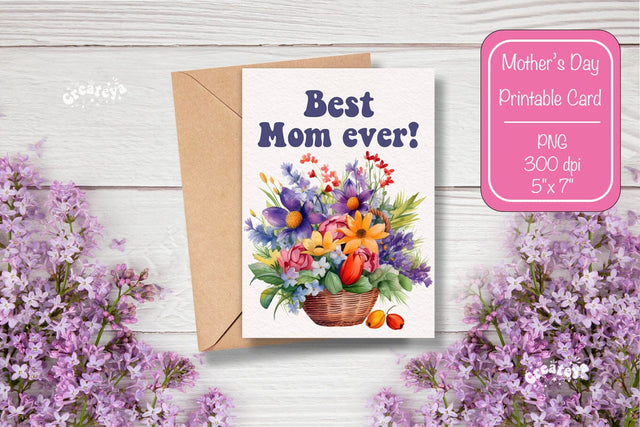 Mothers Day card Best Mom Printable Card Watercolor card Flower postcard PNG Sublimation Createya Design 
