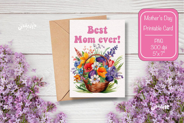 Mothers Day card Best Mom Printable Card Watercolor card Flower postcard PNG Sublimation Createya Design 