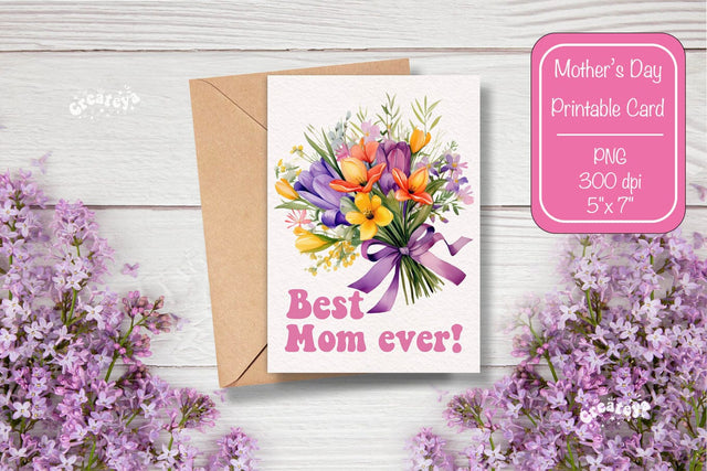 Mothers Day card Best Mom Printable Card Watercolor card Flower postcard PNG Sublimation Createya Design 