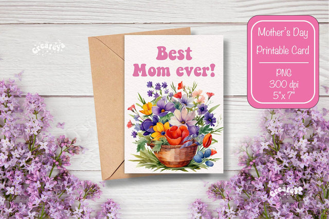 Mothers Day card Best Mom Printable Card Watercolor card Flower postcard PNG Sublimation Createya Design 