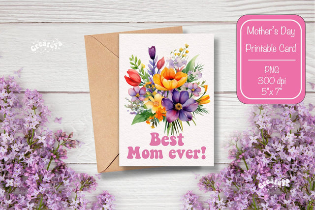 Mothers Day card Best Mom Printable Card Watercolor card Flower postcard PNG Sublimation Createya Design 