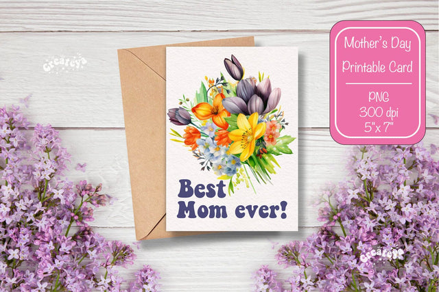 Mothers Day card Best Mom Printable Card Watercolor card Flower postcard PNG Sublimation Createya Design 