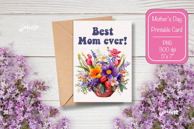 Mothers Day card Best Mom Printable Card Watercolor card Flower postcard PNG Sublimation Createya Design 