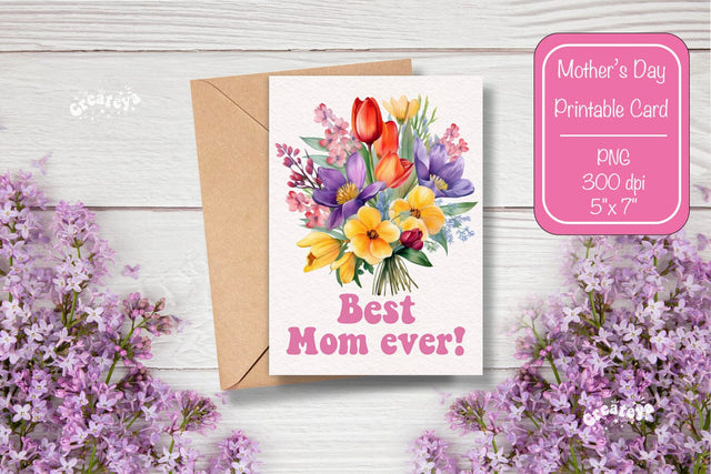 Mothers Day card Best Mom Printable Card Watercolor card Flower postcard PNG Sublimation Createya Design 