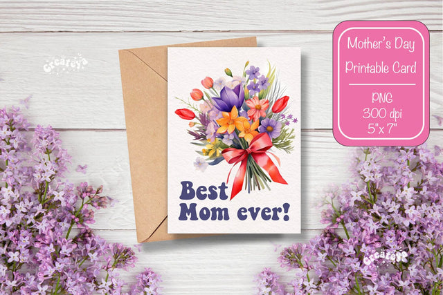 Mothers Day card Best Mom Printable Card Watercolor card Flower postcard PNG Sublimation Createya Design 