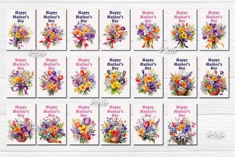 Mother’s Day card Printable Bundle Watercolor card Bundle Flower postcard PNG Sublimation Createya Design 