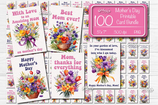 Mother’s Day card Printable Bundle Watercolor card Bundle Flower postcard PNG Sublimation Createya Design 