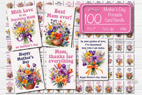 Mother’s Day card Printable Bundle Watercolor card Bundle Flower postcard PNG Sublimation Createya Design 