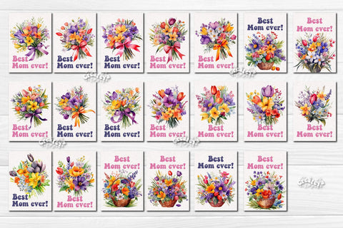 Mother’s Day card Printable Bundle Watercolor card Bundle Flower postcard PNG Sublimation Createya Design 