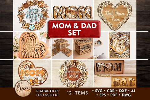 Mothers Day Fathers Day SVG Laser Cut Files Bundle - Set Of 12 Mom Dad Family Sign Laser Cut Template DXF AI CDR SVG LaserCutano 
