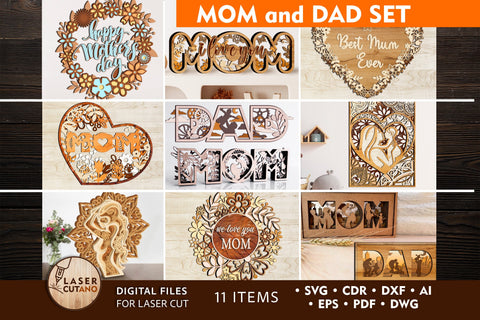 Mothers Day Fathers Day SVG Laser Cut Files Bundle - Set Of 12 Mom Dad Family Sign Laser Cut Template DXF AI CDR SVG LaserCutano 