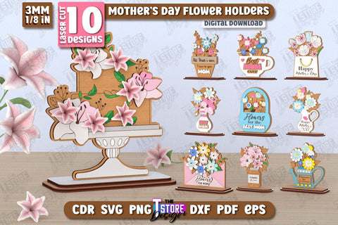 Mother's Day Flower Holders Bundle | Mother's Day Gift Idea | Flower Stand | CNC Files SVG The T Store Design 