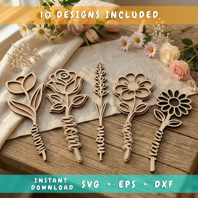 Mother's Day Flower Laser SVG Bundle, Personalizable Laser Cut Floral Designs, SVG for Mom, Flower Stick SVG, Cricut, Glowforge Cut Files SVG HappyDesignStudio 