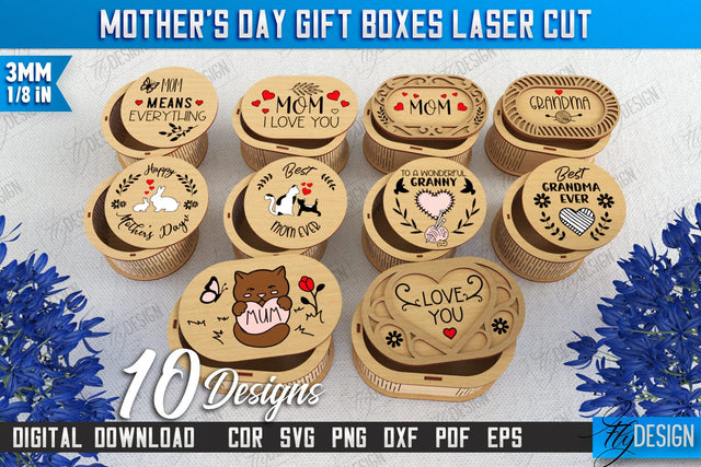Mother's Day Gift Boxes Laser Cut Bundle | Wooden Gift Box | Storage Box | Jewelry Box | CNC Files SVG Fly Design 