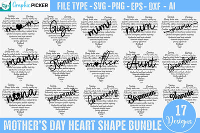 Mother's day Heart Shape SVG PNG Bundle, Mother's Day Heart SVG DesignPlante 503 