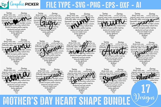 Mother's day Heart Shape SVG PNG Bundle, Mother's Day Heart SVG DesignPlante 503 