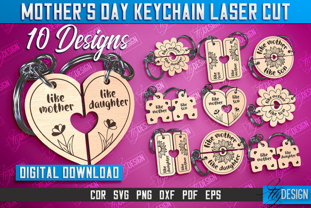 Mother’s Day Keychain Laser Cut Bundle | Happy Mother’s Day | Paired Keychains Design SVG Fly Design 