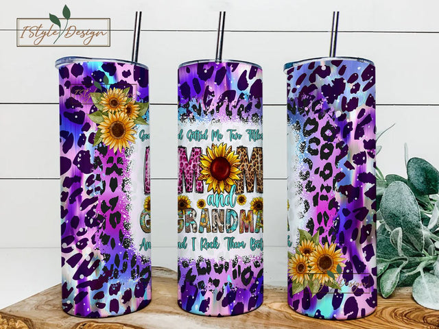 Mother's Day Mom Grandma Tumbler Wrap, 20 oz Skinny Tumbler Leopard & Sunflower Seamless Design PNG, God Gifted Me Digital Sublimation File Sublimation iStyleDesign 