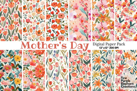 Mother's Day Pattern Paper | Modern Floral Flowers Digital Pattern Fine Purple Elephant Creations 