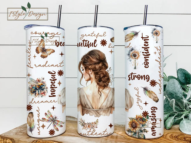 Motivational Tumbler Wrap Skinny 20oz Affirmations Brunette Sublimation Design PNG Digital Download Sublimation iStyleDesign 