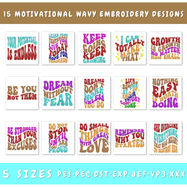 Motivational Wavy Embroidery Designs Bundle - 15 Designs, Motivational Sayings Embroidery, Motivational Quotes Embroidery Files Embroidery/Applique DESIGNS HappyDesignStudio 