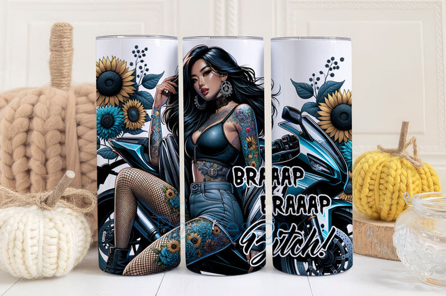 Motorcycle Girl 20oz Skinny Biker Tumbler Wrap, Bad Ass Bitch Tumbler, Savage Bitch Tumbler PNG, Sunflowers Tumbler Wrap, Digital Download Sublimation BouDesign 