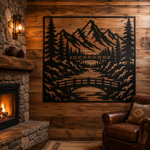 Mountain Bridge Laser SVG | Mountain Scene DXF | Pine Forest Metal Art | River Landscape CNC File | Rustic Cabin Wall Decor SVG HappyDesignStudio 