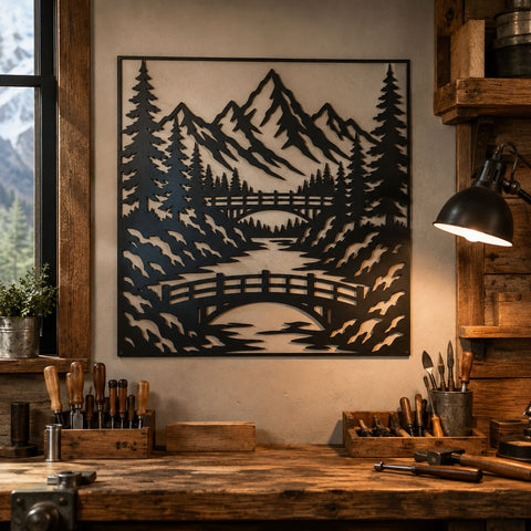 Mountain Bridge Laser SVG | Mountain Scene DXF | Pine Forest Metal Art | River Landscape CNC File | Rustic Cabin Wall Decor SVG HappyDesignStudio 