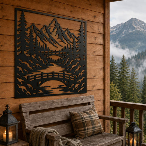 Mountain Bridge Laser SVG | Mountain Scene DXF | Pine Forest Metal Art | River Landscape CNC File | Rustic Cabin Wall Decor SVG HappyDesignStudio 