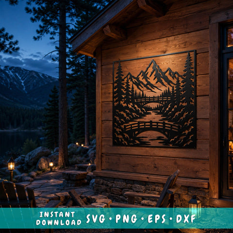 Mountain Bridge Laser SVG | Mountain Scene DXF | Pine Forest Metal Art | River Landscape CNC File | Rustic Cabin Wall Decor SVG HappyDesignStudio 