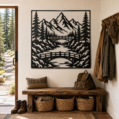 Mountain Bridge Laser SVG | Mountain Scene DXF | Pine Forest Metal Art | River Landscape CNC File | Rustic Cabin Wall Decor SVG HappyDesignStudio 