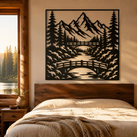 Mountain Bridge Laser SVG | Mountain Scene DXF | Pine Forest Metal Art | River Landscape CNC File | Rustic Cabin Wall Decor SVG HappyDesignStudio 